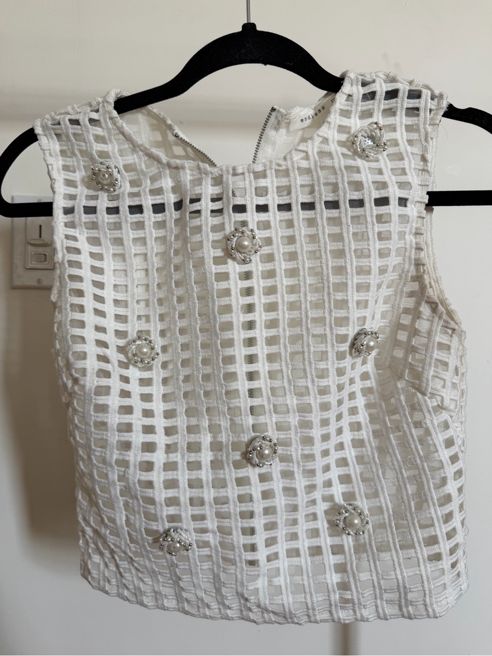 Endless Rose White Grid Mesh Crop Top with Pearl Appliqués size XS